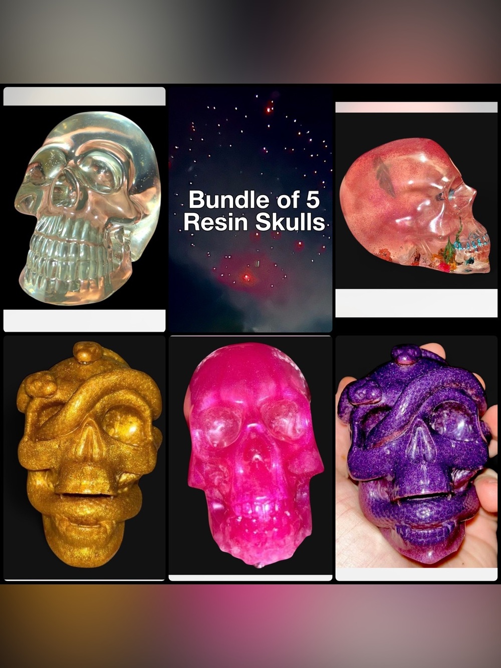 Bundle of 5 Handmade Colorful Resin Skull Heads